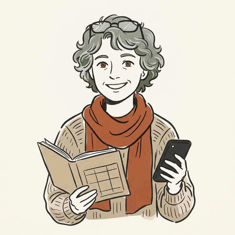 Tekening van Greet, een vrouw met grijze krullen, agenda en telefoon in de hand